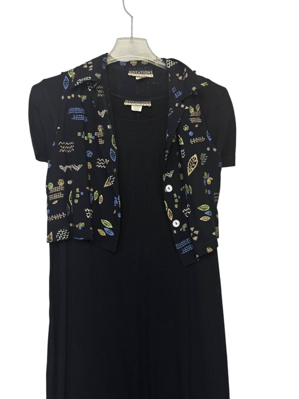 Notations Womens Black Midi Dress With Patterned Button Down Vest Size M - Picture 2 of 14